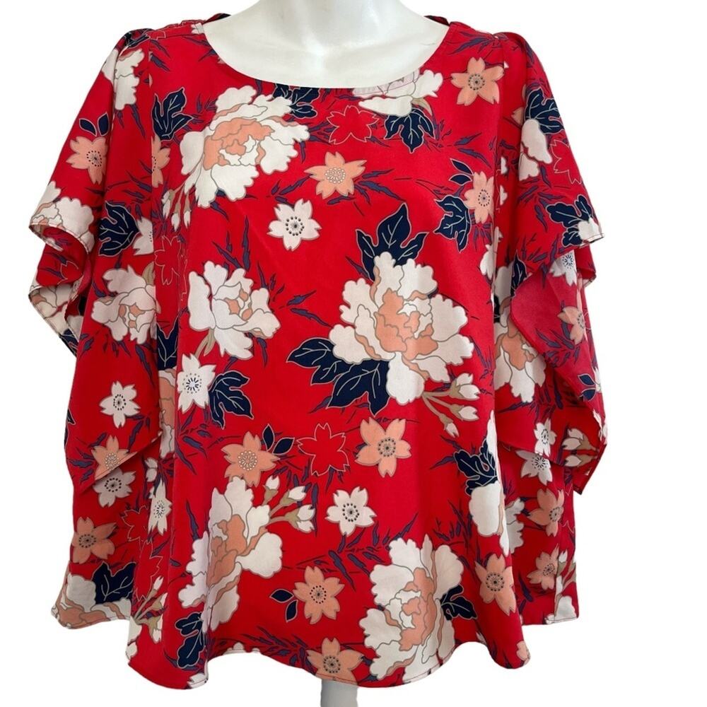 ZARA BASIC Red Floral Open Vent Back Wrap Ruffle Sleeve Pink Blue Top Shirt  XS